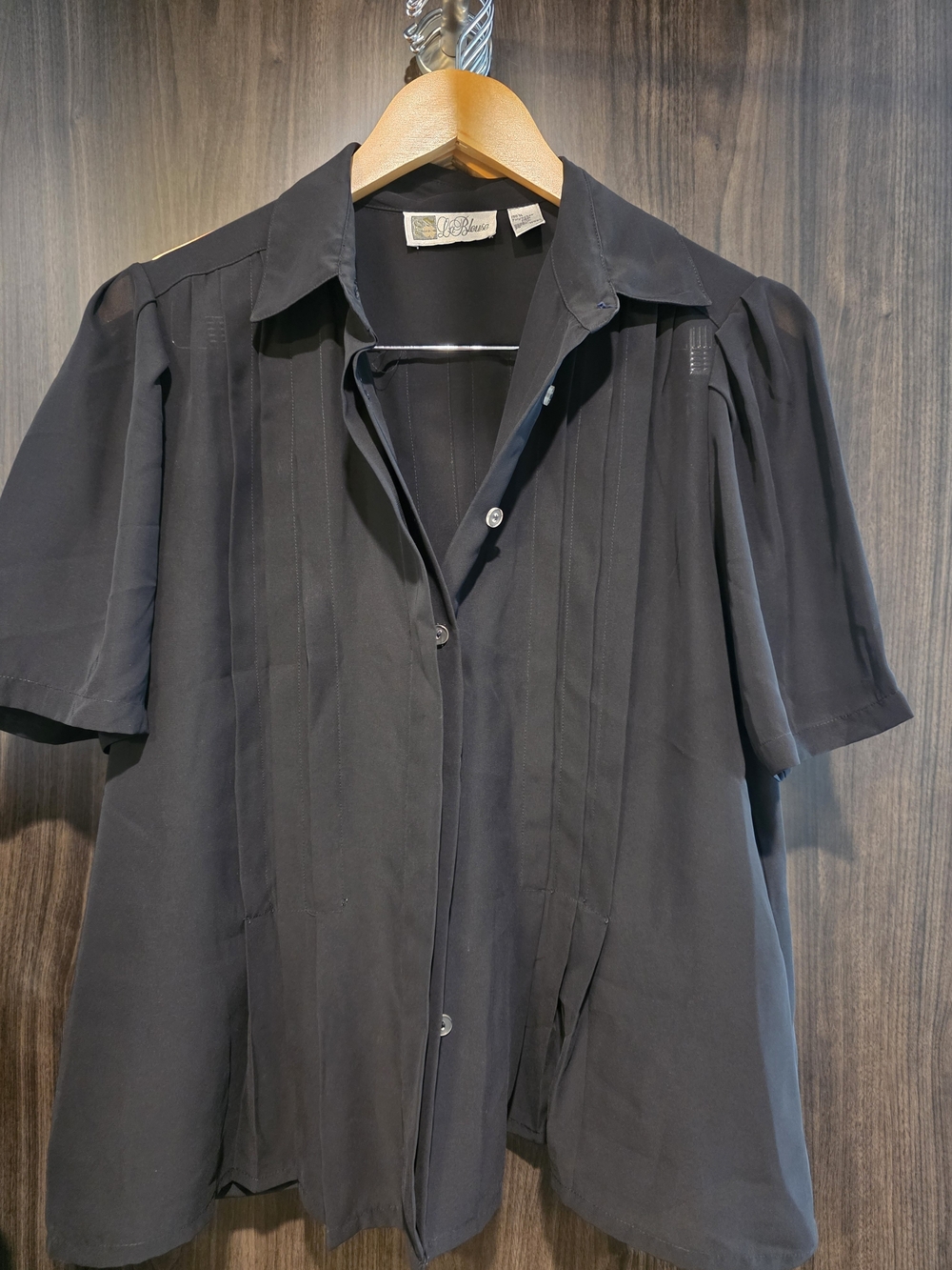 La Blouse Black Short-Sleeve Pintuck Button-Front Shirt Blouse